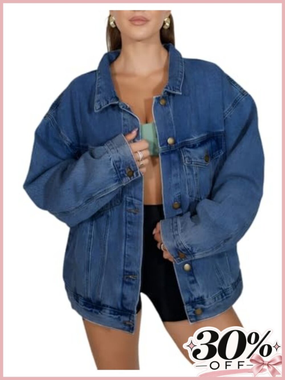 Oversized Denim Jacket Loose Fit Boyfriend Jean Shacket Long Sleeve Button Down